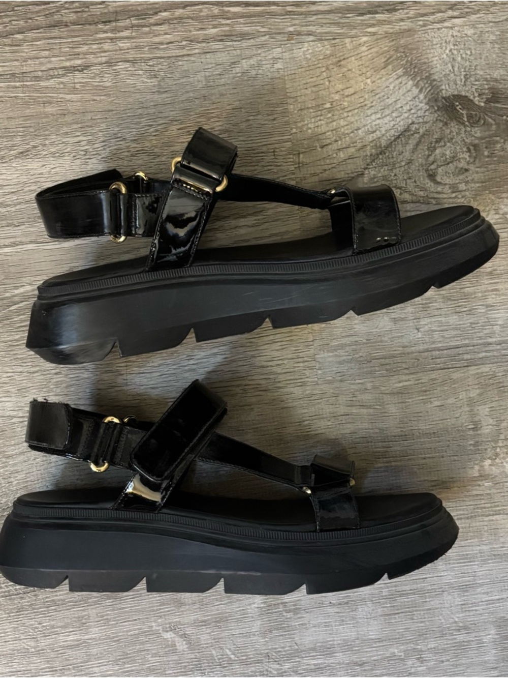 Stuart Weitzman Black Patent Leather Chunky Sandals